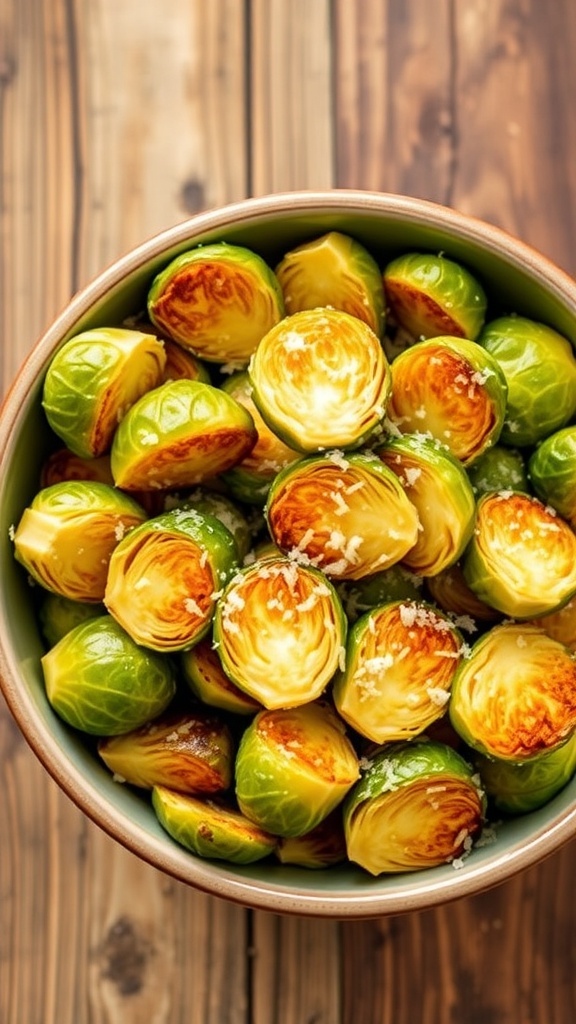 Crispy Air Fryer Halved Brussels Sprouts Recipe Crispy halved Brussels sprouts in a bowl, garnished with Parmesan cheese on a wooden table.